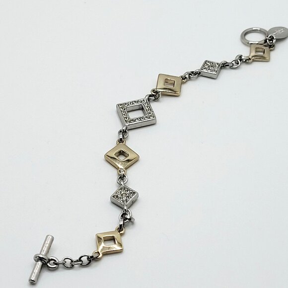 WHBM Two Tone Silver & Gold Chain Toggle Rhinestone Bracelet 7.5" - Picture 2 of 6